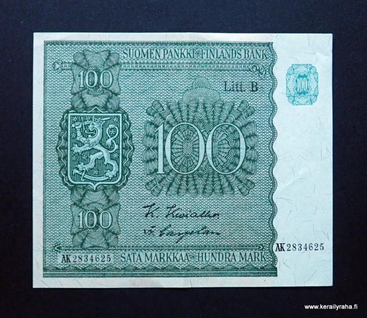 100 Markkaa 1945 Litt.B No AK2834625 Kivialho-Carpelan - Askon Keräilyraha